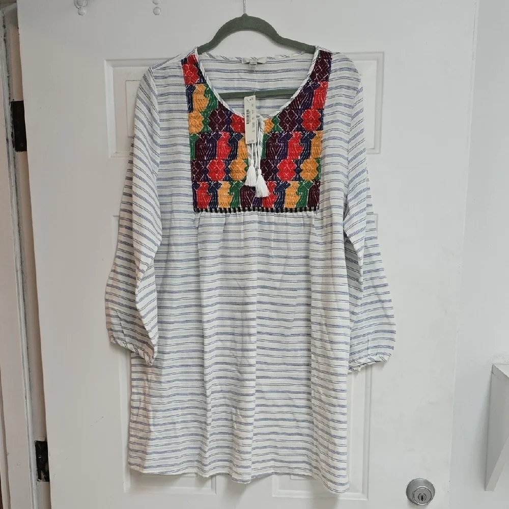 J. Crew Multicolor Embroidered Striped Tunic Dress Bohemian Style